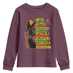 I Am Black Woman Youth Sweatshirt Locd African American Pride Black History Month TS02 Maroon Print Your Wear