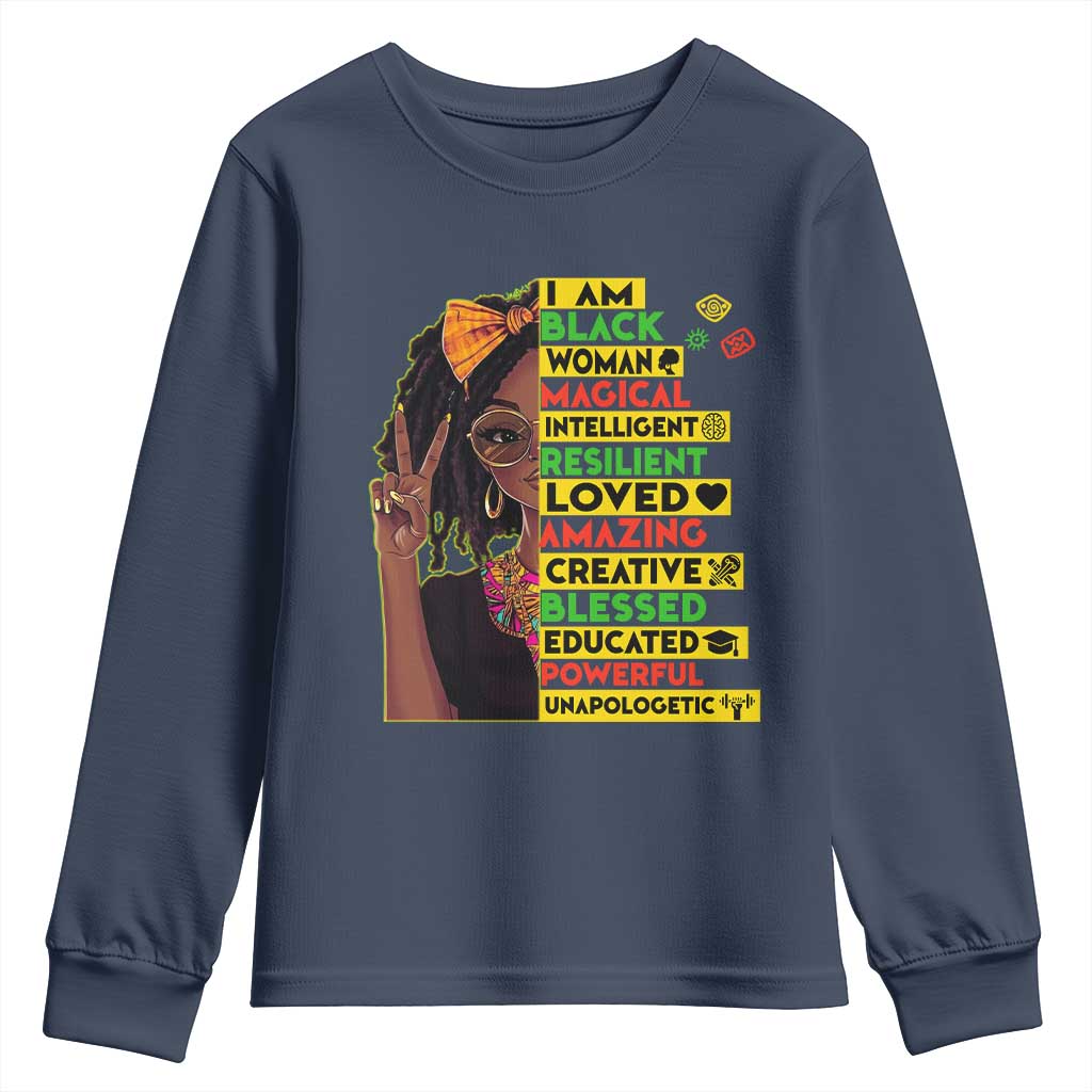 I Am Black Woman Youth Sweatshirt Locd African American Pride Black History Month TS02 Navy Print Your Wear