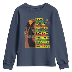 I Am Black Woman Youth Sweatshirt Locd African American Pride Black History Month TS02 Navy Print Your Wear