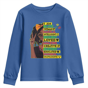 I Am Black Woman Youth Sweatshirt Locd African American Pride Black History Month TS02 Royal Blue Print Your Wear