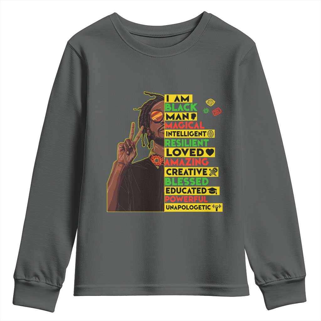 I Am Black Man Youth Sweatshirt Cool Locd African American Pride Black History Month TS02 Dark Heather Print Your Wear
