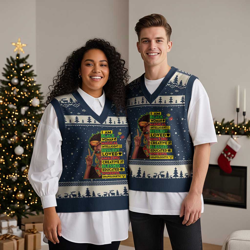 I Am Black Man V-Neck Knit Sweater Vest Afro African American Pride Black History Month TS02 Navy Beige Print Your Wear