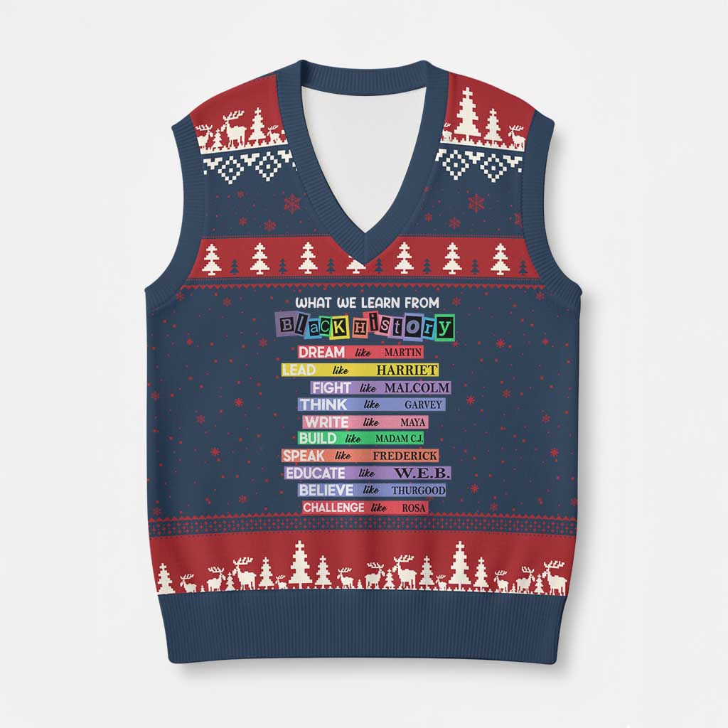 What We Learn From Black History V-Neck Knit Sweater Vest Celebration African American Roots Pride TS02 Navy Red Print Your Wear