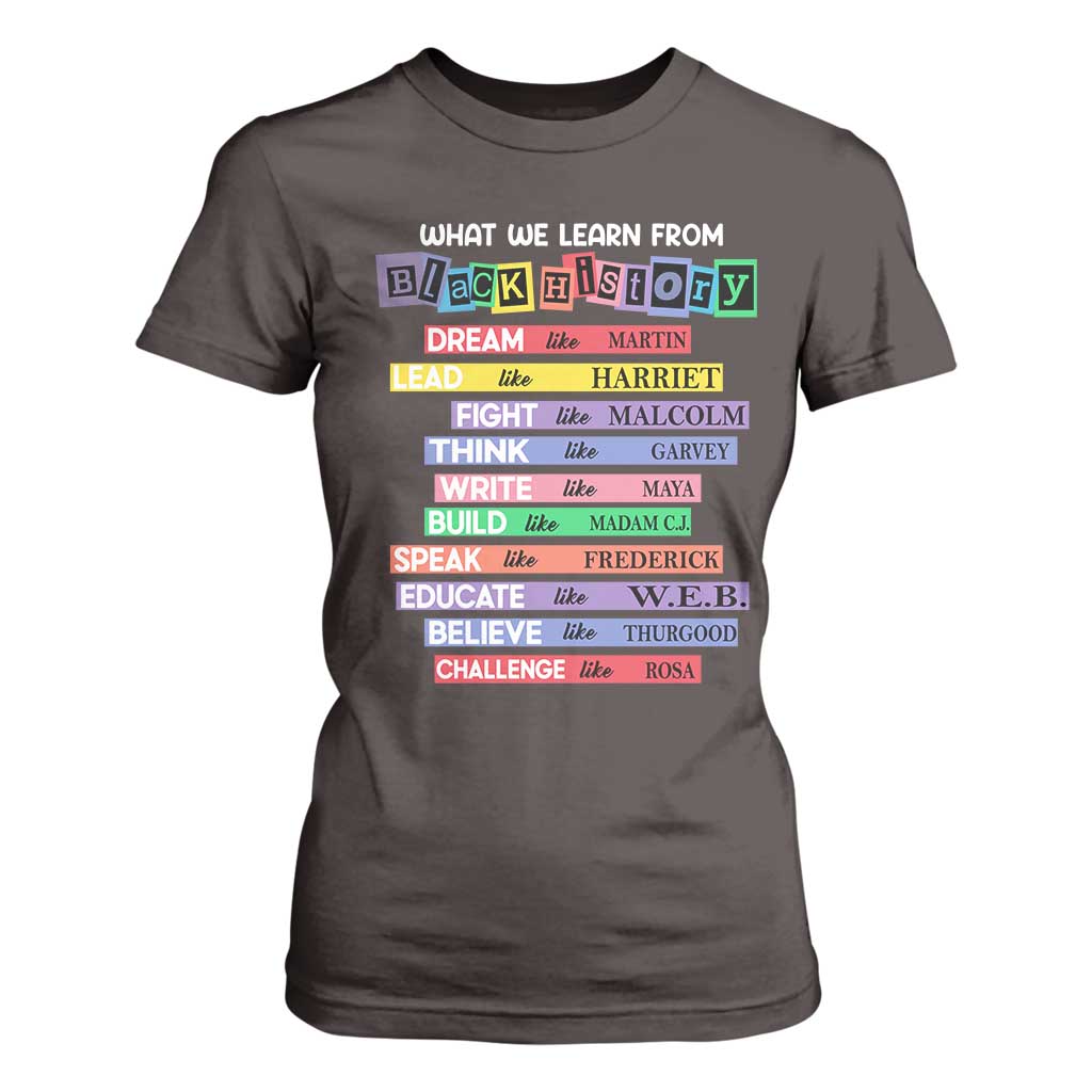What We Learn From Black History T Shirt For Women Celebration African American Roots Pride TS02 Dark Chocolate Print Your Wear