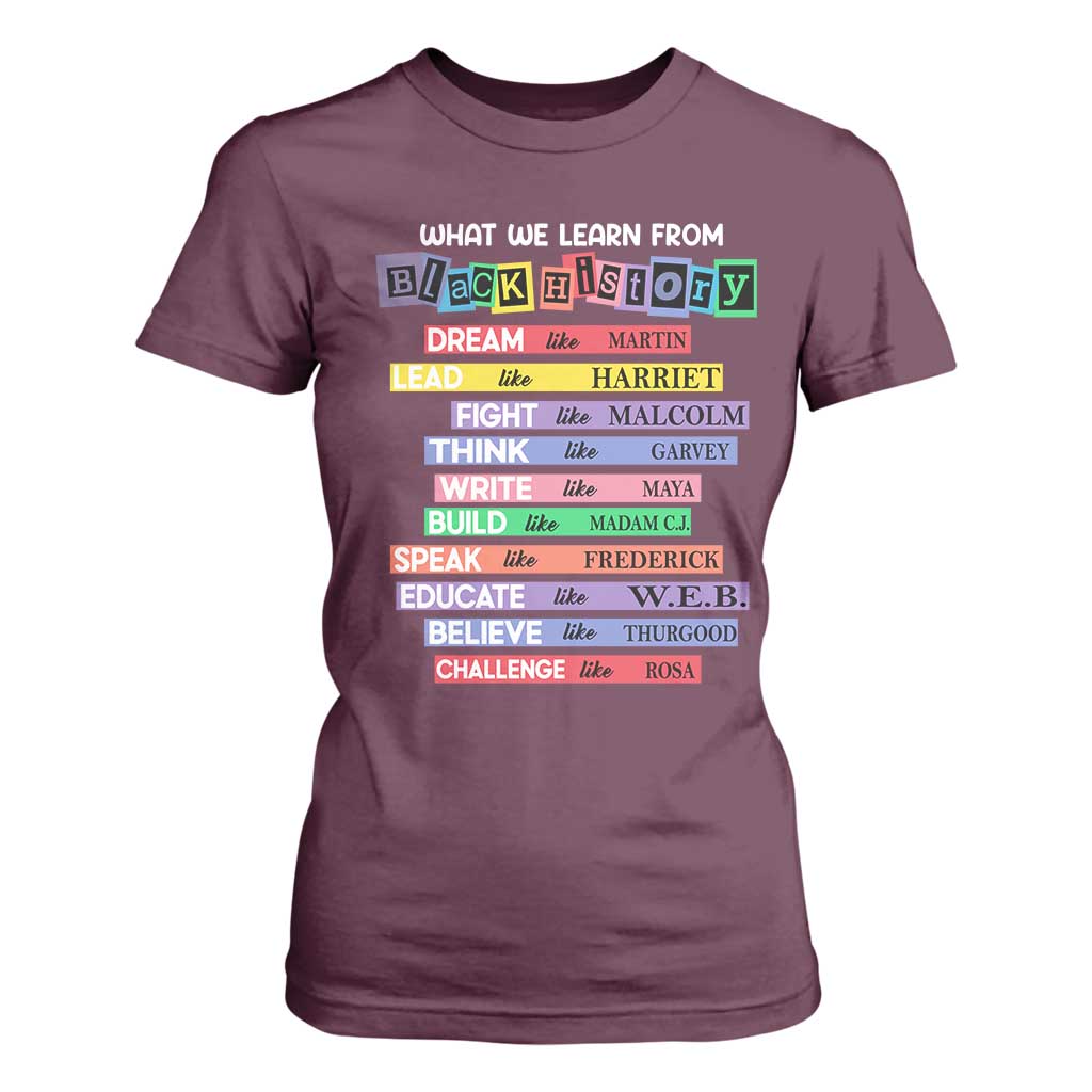 What We Learn From Black History T Shirt For Women Celebration African American Roots Pride TS02 Maroon Print Your Wear