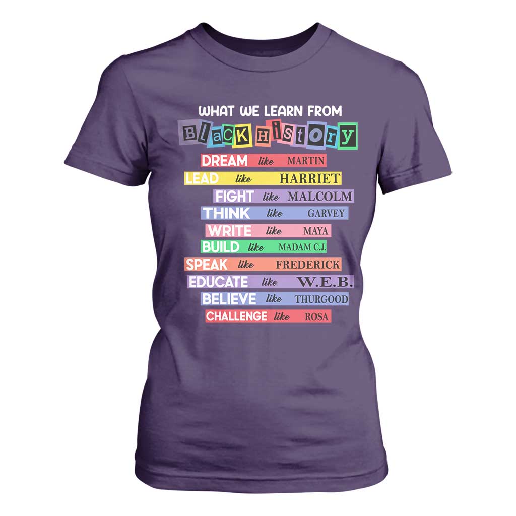 What We Learn From Black History T Shirt For Women Celebration African American Roots Pride TS02 Purple Print Your Wear