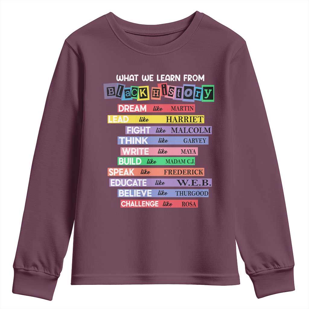 What We Learn From Black History Youth Sweatshirt Celebration African American Roots Pride TS02 Maroon Print Your Wear