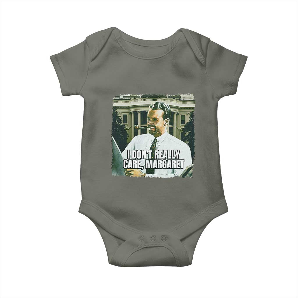 Funny JD Vance Interview Meme Baby Onesie I Don't Really Care Margaret TS02 Military Green Print Your Wear