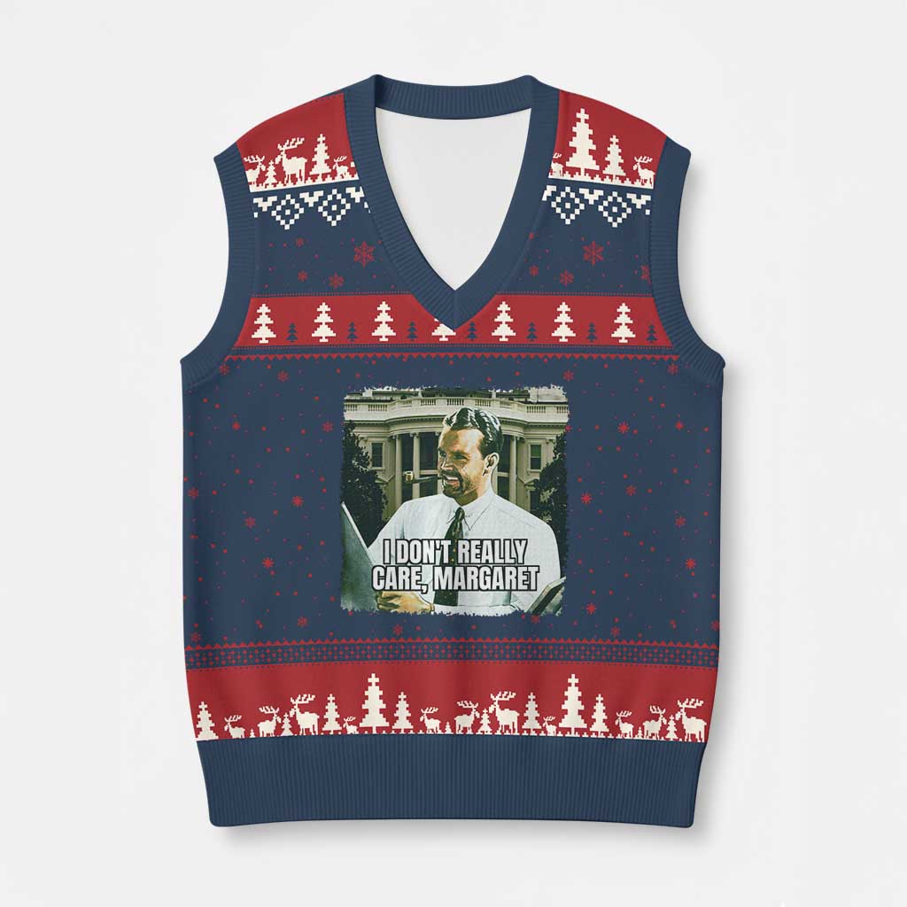 Funny JD Vance Interview Meme V-Neck Knit Sweater Vest I Don't Really Care Margaret TS02 Navy Red Print Your Wear