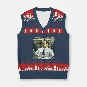 Funny JD Vance Interview Meme V-Neck Knit Sweater Vest I Don't Really Care Margaret TS02 Navy Red Print Your Wear