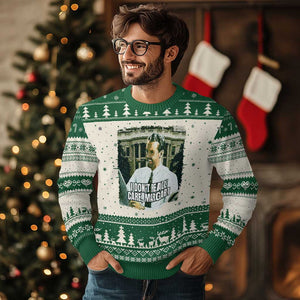 Funny JD Vance Interview Meme Knit Sweatshirt I Don't Really Care Margaret TS02 Green Print Your Wear