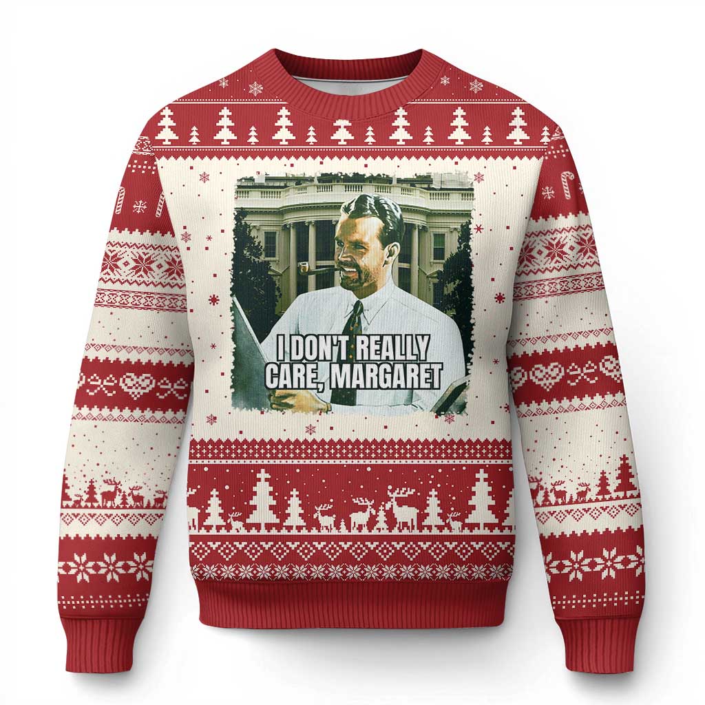 Funny JD Vance Interview Meme Knit Sweatshirt I Don't Really Care Margaret TS02 Red Print Your Wear