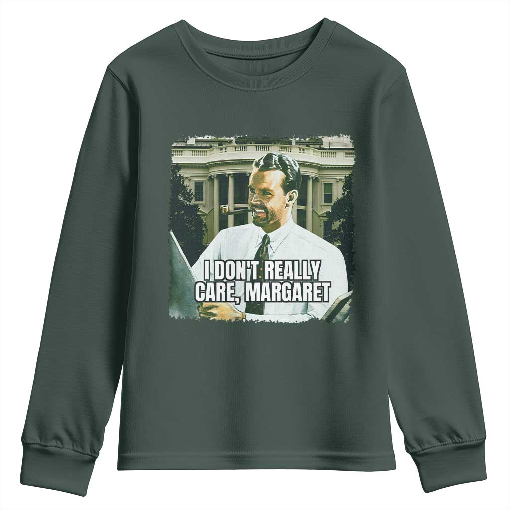 Funny JD Vance Interview Meme Youth Sweatshirt I Don't Really Care Margaret TS02 Dark Forest Green Print Your Wear