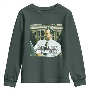 Funny JD Vance Interview Meme Youth Sweatshirt I Don't Really Care Margaret TS02 Dark Forest Green Print Your Wear