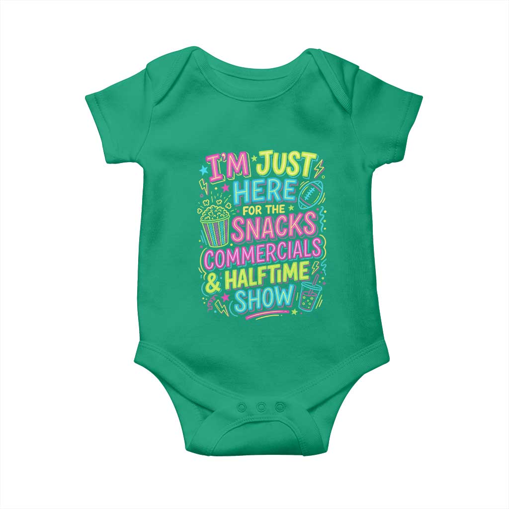 I'm Just Here for The Snacks Commercials Halftime Show Baby Onesie Funny Game Day Neon Style TS02 Irish Green Print Your Wear