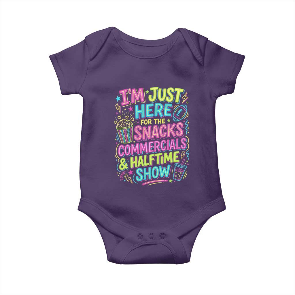 I'm Just Here for The Snacks Commercials Halftime Show Baby Onesie Funny Game Day Neon Style TS02 Purple Print Your Wear