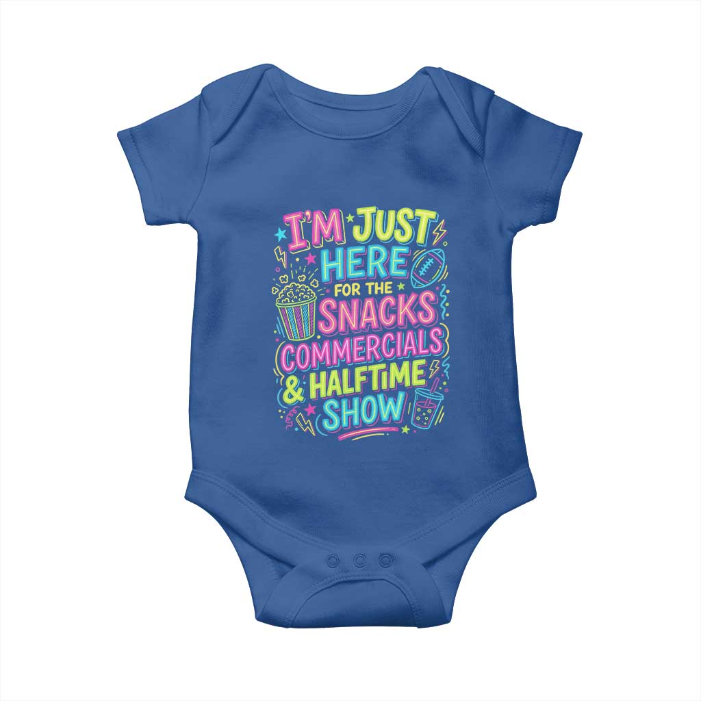 I'm Just Here for The Snacks Commercials Halftime Show Baby Onesie Funny Game Day Neon Style TS02 Royal Blue Print Your Wear