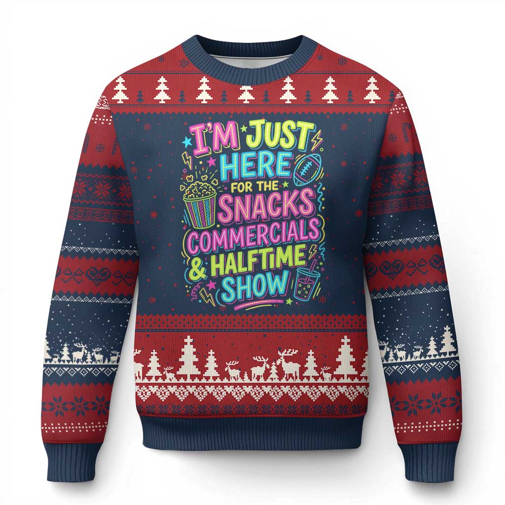 I'm Just Here for The Snacks Commercials Halftime Show Ugly Christmas Sweater Funny Game Day Neon Style TS02 Navy Red Print Your Wear