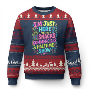 I'm Just Here for The Snacks Commercials Halftime Show Ugly Christmas Sweater Funny Game Day Neon Style TS02 Navy Red Print Your Wear