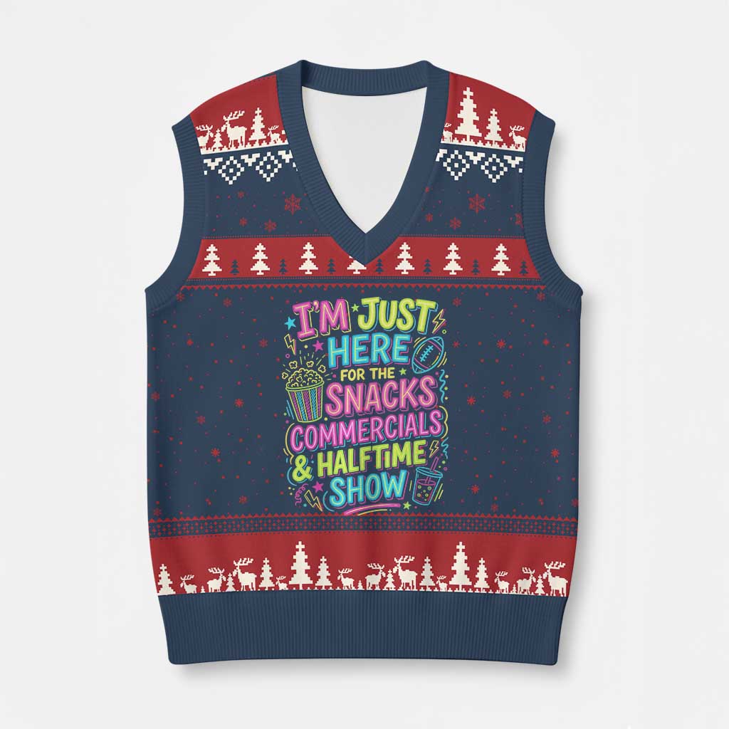 I'm Just Here for The Snacks Commercials Halftime Show V-Neck Knit Sweater Vest Funny Game Day Neon Style TS02 Navy Red Print Your Wear