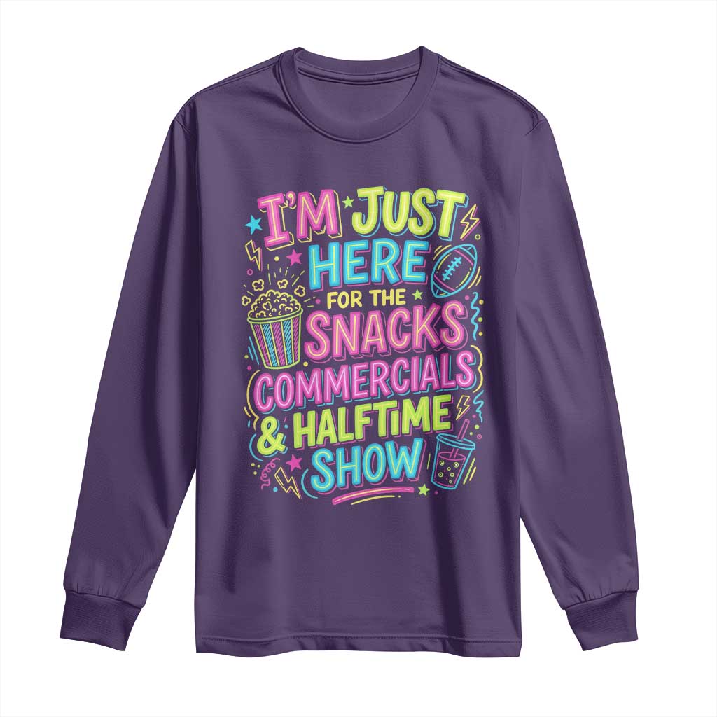 I'm Just Here for The Snacks Commercials Halftime Show Long Sleeve Shirt Funny Game Day Neon Style TS02 Purple Print Your Wear