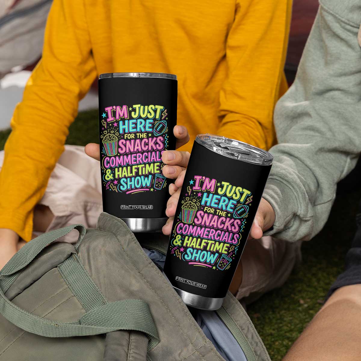 I'm Just Here for The Snacks Commercials Halftime Show Tumbler Cup Funny Game Day Neon Style TS02 Print Your Wear