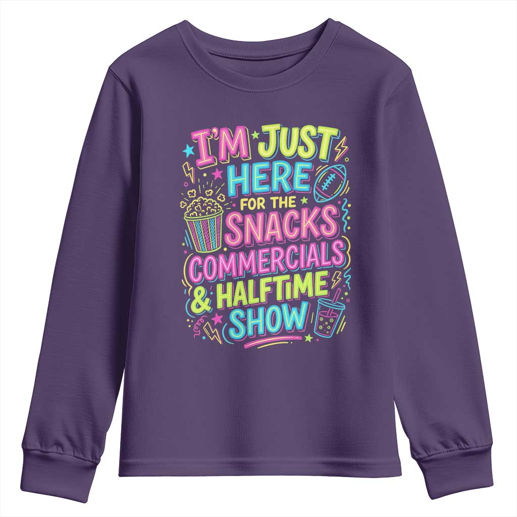 I'm Just Here for The Snacks Commercials Halftime Show Youth Sweatshirt Funny Game Day Neon Style TS02 Purple Print Your Wear