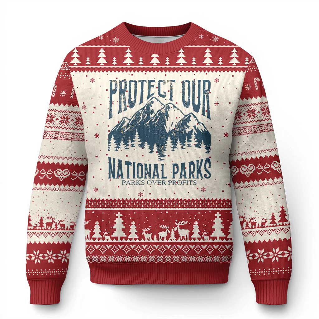 Protect Our National Parks Ugly Christmas Sweater Retro Mountain Nature Graphic TS02 Beige Red Print Your Wear
