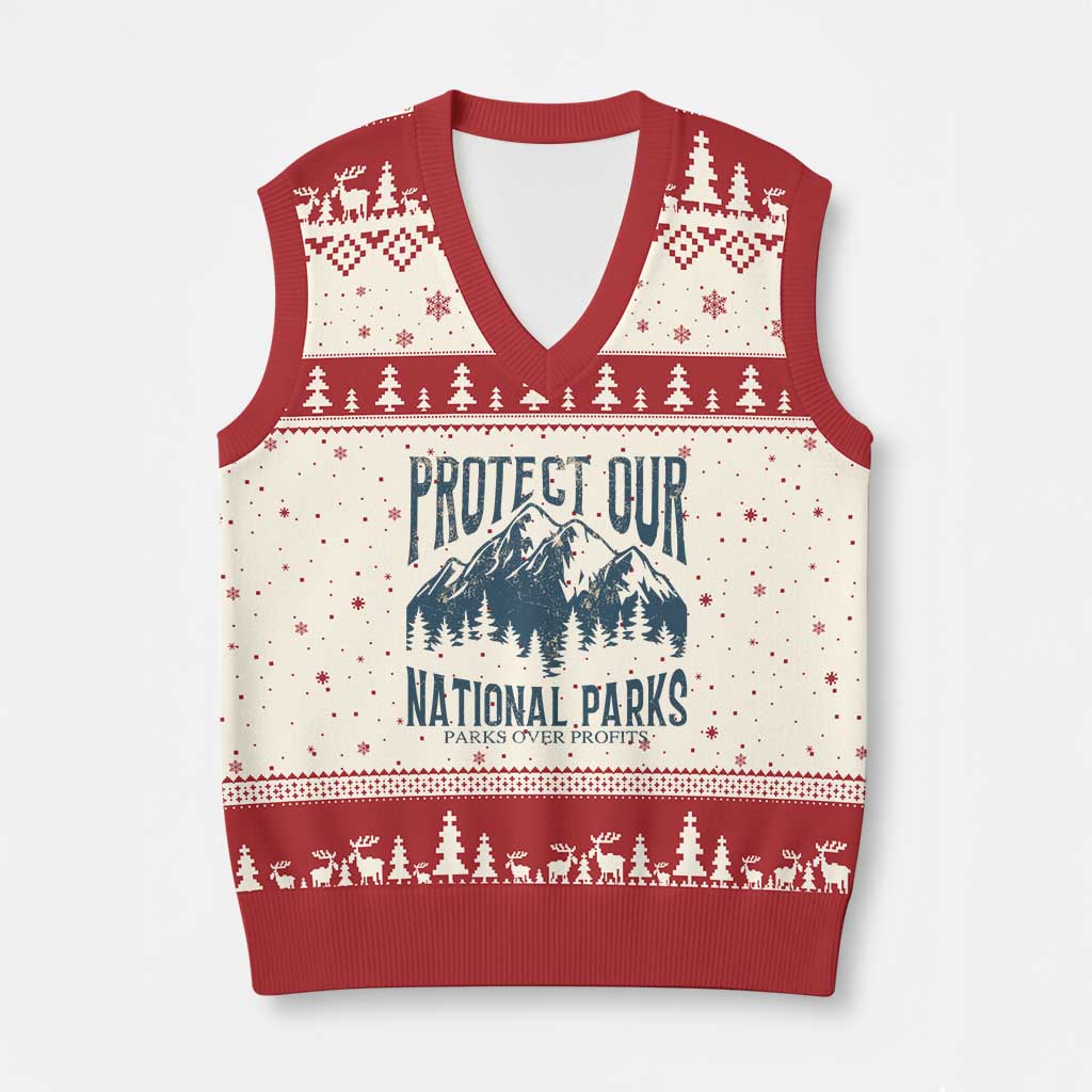 Protect Our National Parks V-Neck Knit Sweater Vest Retro Mountain Nature Graphic TS02 Beige Red Print Your Wear
