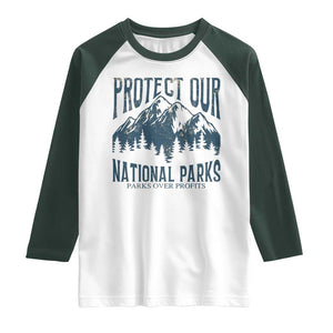 Protect Our National Parks Raglan Shirt Retro Mountain Nature Graphic TS02 White Dark Forest Green Print Your Wear