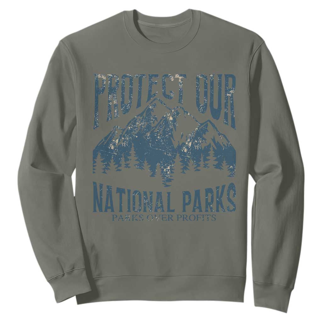 Protect Our National Parks Sweatshirt Retro Mountain Nature Graphic TS02 Military Green Print Your Wear