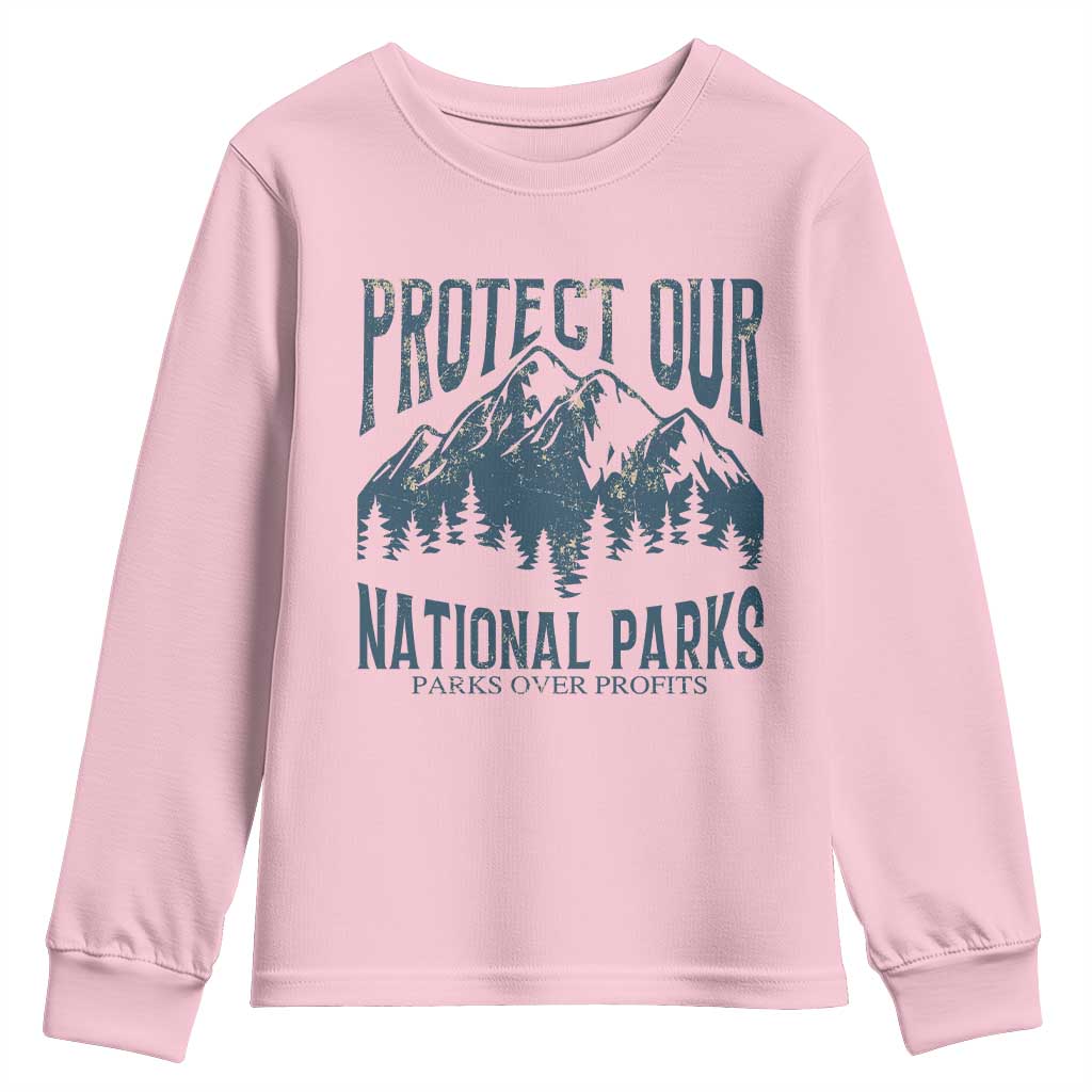Protect Our National Parks Youth Sweatshirt Retro Mountain Nature Graphic TS02 Light Pink Print Your Wear