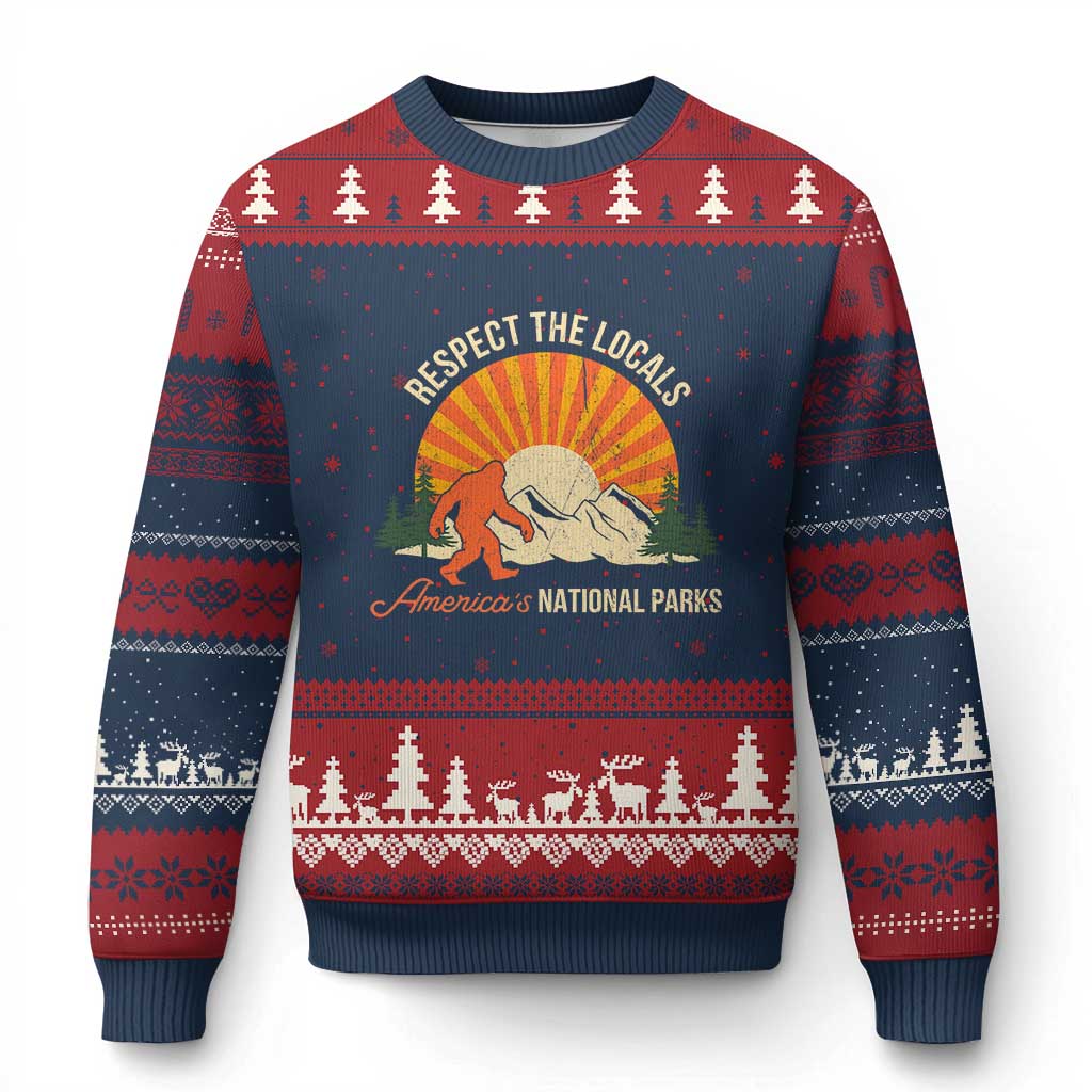 Respect The Locals Ugly Christmas Sweater America's National Parks Vintage Bigfoot TS02 Navy Red Print Your Wear