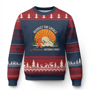 Respect The Locals Ugly Christmas Sweater America's National Parks Vintage Bigfoot TS02 Navy Red Print Your Wear