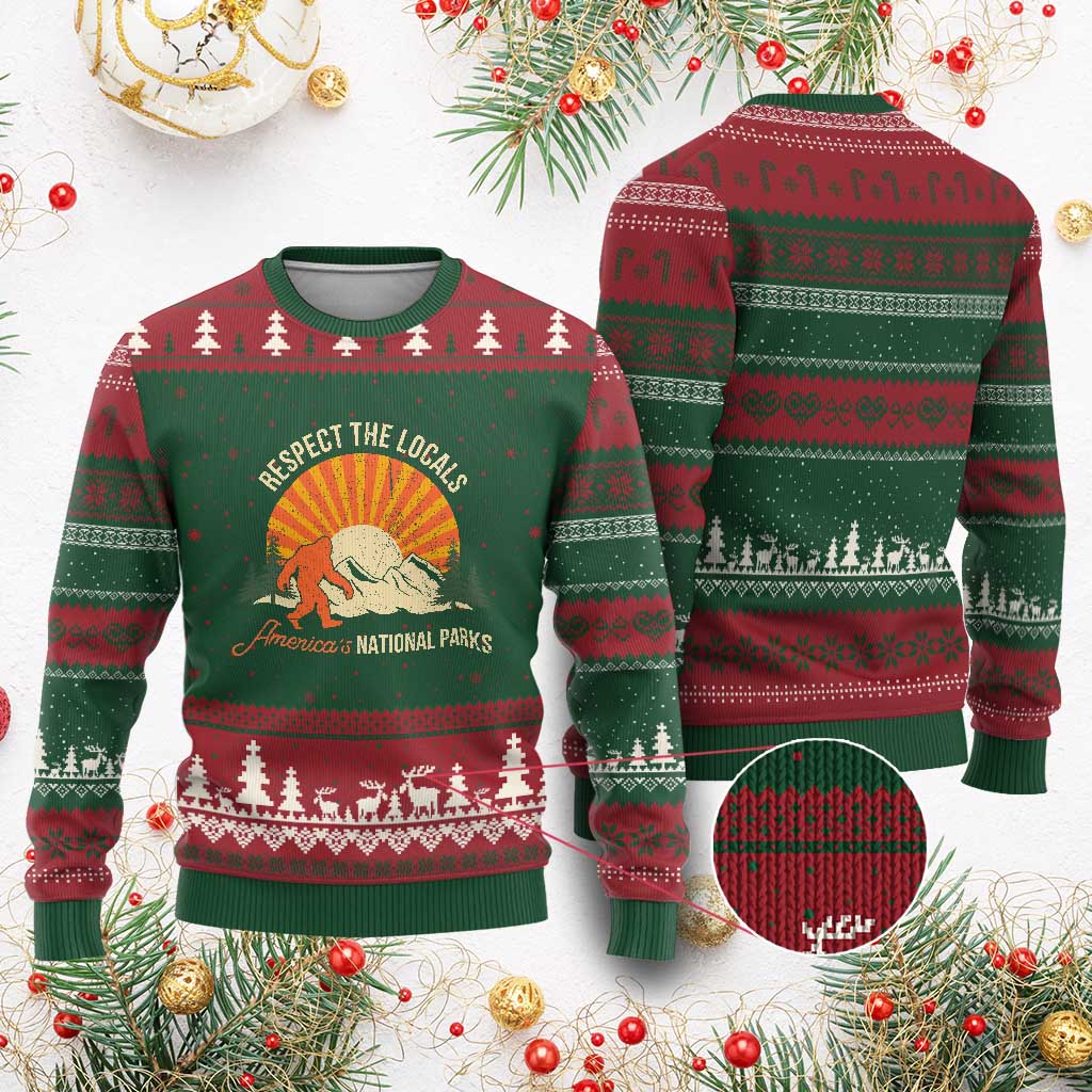 Respect The Locals Ugly Christmas Sweater America's National Parks Vintage Bigfoot TS02 Red Green Print Your Wear