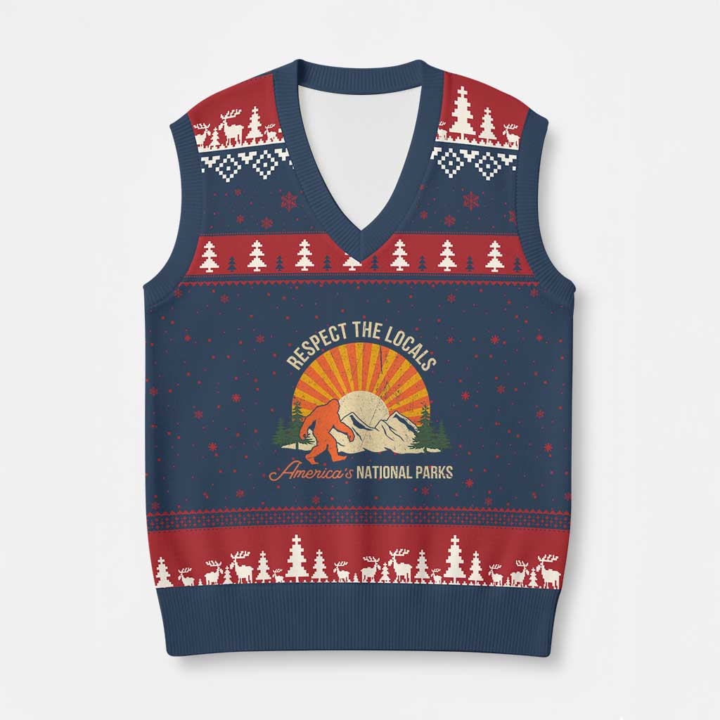 Respect The Locals V-Neck Knit Sweater Vest America's National Parks Vintage Bigfoot TS02 Navy Red Print Your Wear
