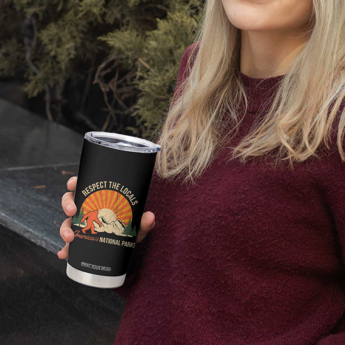 Respect The Locals Tumbler Cup America's National Parks Vintage Bigfoot TS02 Print Your Wear