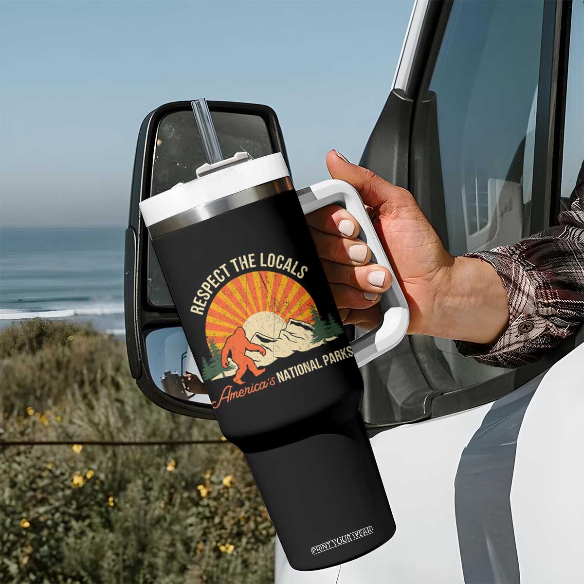 Respect The Locals Tumbler With Handle America's National Parks Vintage Bigfoot TS02 Print Your Wear