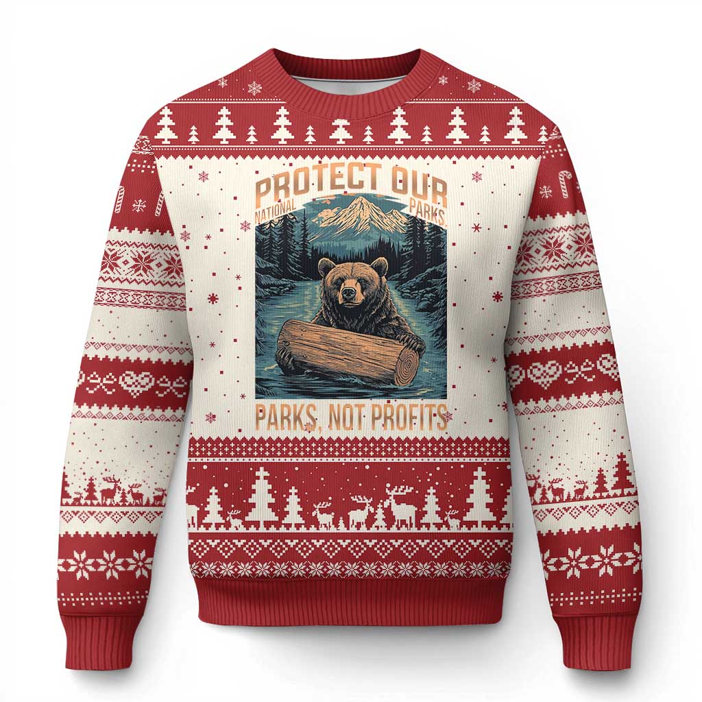 Protect Our National Parks Ugly Christmas Sweater Parks Not Profits Bear Retro Graphic TS02 Beige Red Print Your Wear