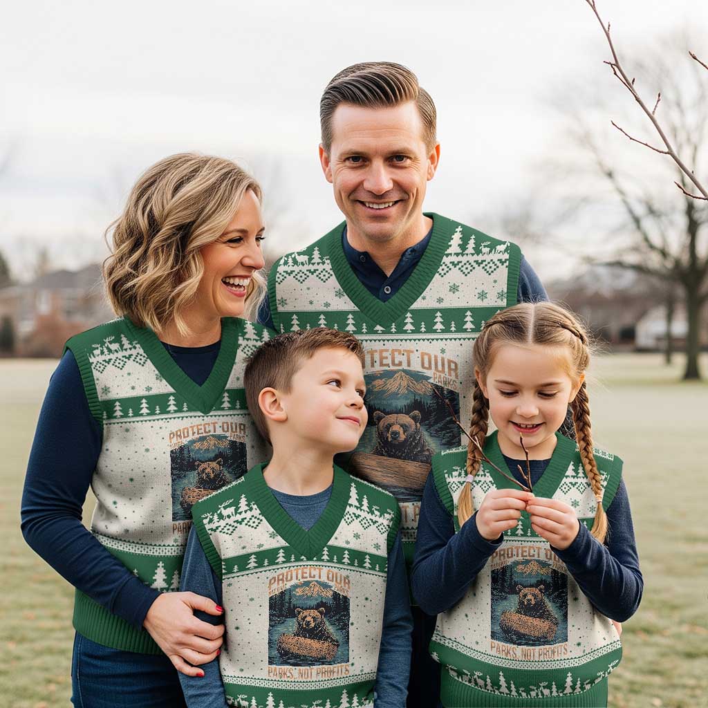 Protect Our National Parks V-Neck Knit Sweater Vest Parks Not Profits Bear Retro Graphic TS02 Beige Green Print Your Wear