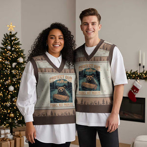 Protect Our National Parks V-Neck Knit Sweater Vest Parks Not Profits Bear Retro Graphic TS02 Mocha Mousse Print Your Wear