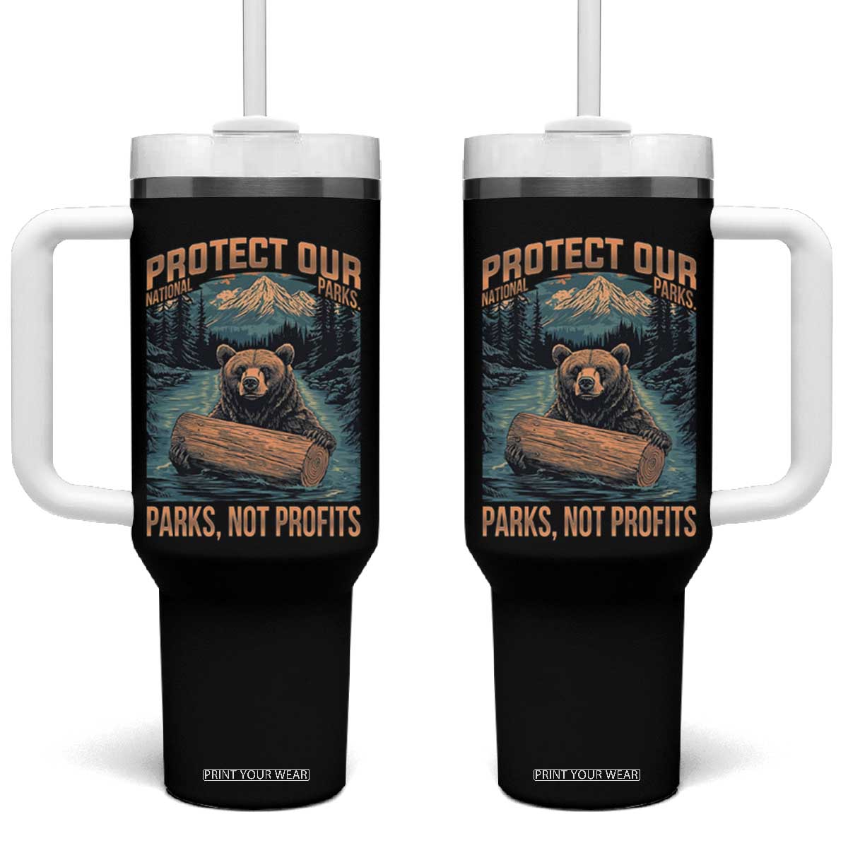 Protect Our National Parks Tumbler With Handle Parks Not Profits Bear Retro Graphic TS02 One Size: 40 oz Black Print Your Wear