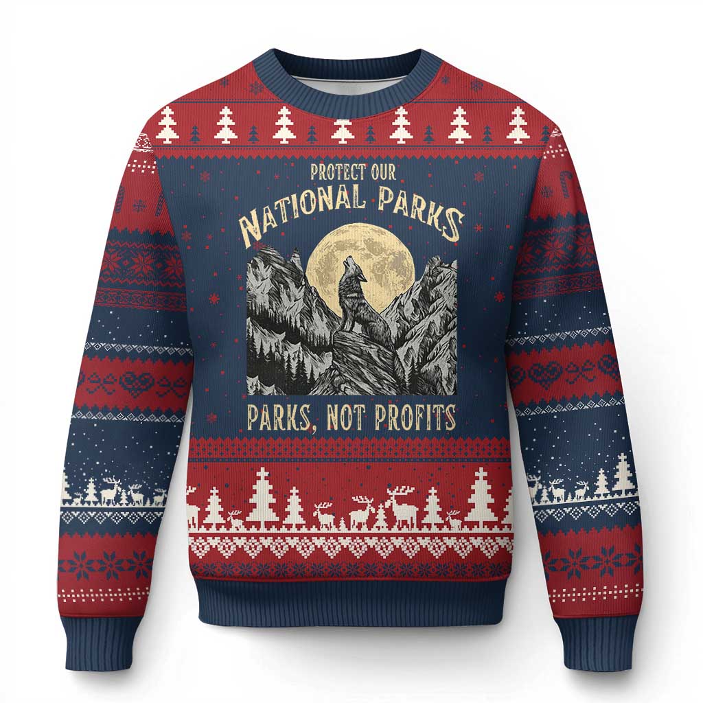 Protect Our National Parks Ugly Christmas Sweater Parks Not Profits Wolf Retro Graphic TS02 Navy Red Print Your Wear