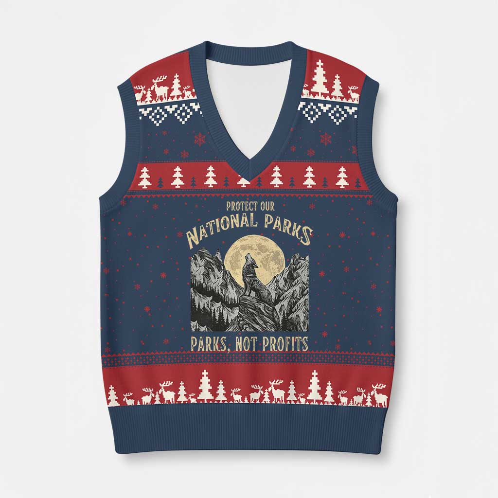Protect Our National Parks V-Neck Knit Sweater Vest Parks Not Profits Wolf Retro Graphic TS02 Navy Red Print Your Wear