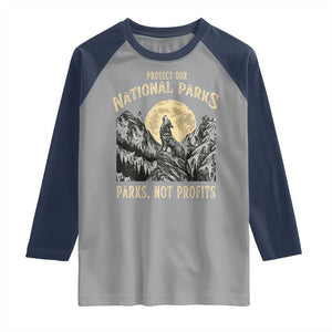Protect Our National Parks Raglan Shirt Parks Not Profits Wolf Retro Graphic TS02 Sport Gray Navy Print Your Wear
