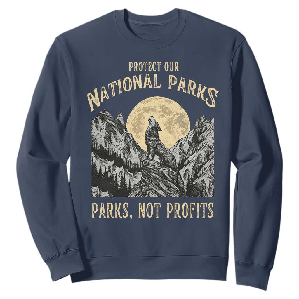 Protect Our National Parks Sweatshirt Parks Not Profits Wolf Retro Graphic TS02 Navy Print Your Wear