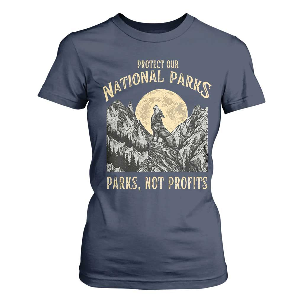 Protect Our National Parks T Shirt For Women Parks Not Profits Wolf Retro Graphic TS02 Navy Print Your Wear