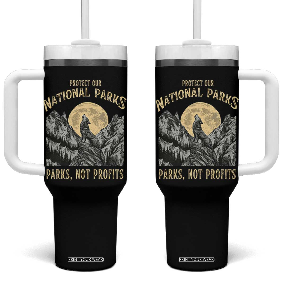 Protect Our National Parks Tumbler With Handle Parks Not Profits Wolf Retro Graphic TS02 One Size: 40 oz Black Print Your Wear