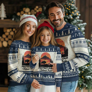 Protect Our National Parks Ugly Christmas Sweater Bison Buffalo Vintage Graphic TS02 Beige Navy Print Your Wear