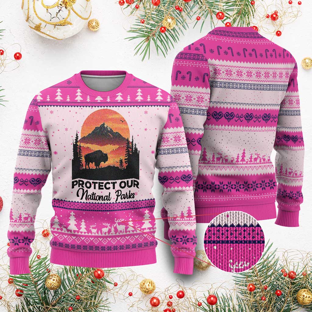 Protect Our National Parks Ugly Christmas Sweater Bison Buffalo Vintage Graphic TS02 Hot Pink Print Your Wear